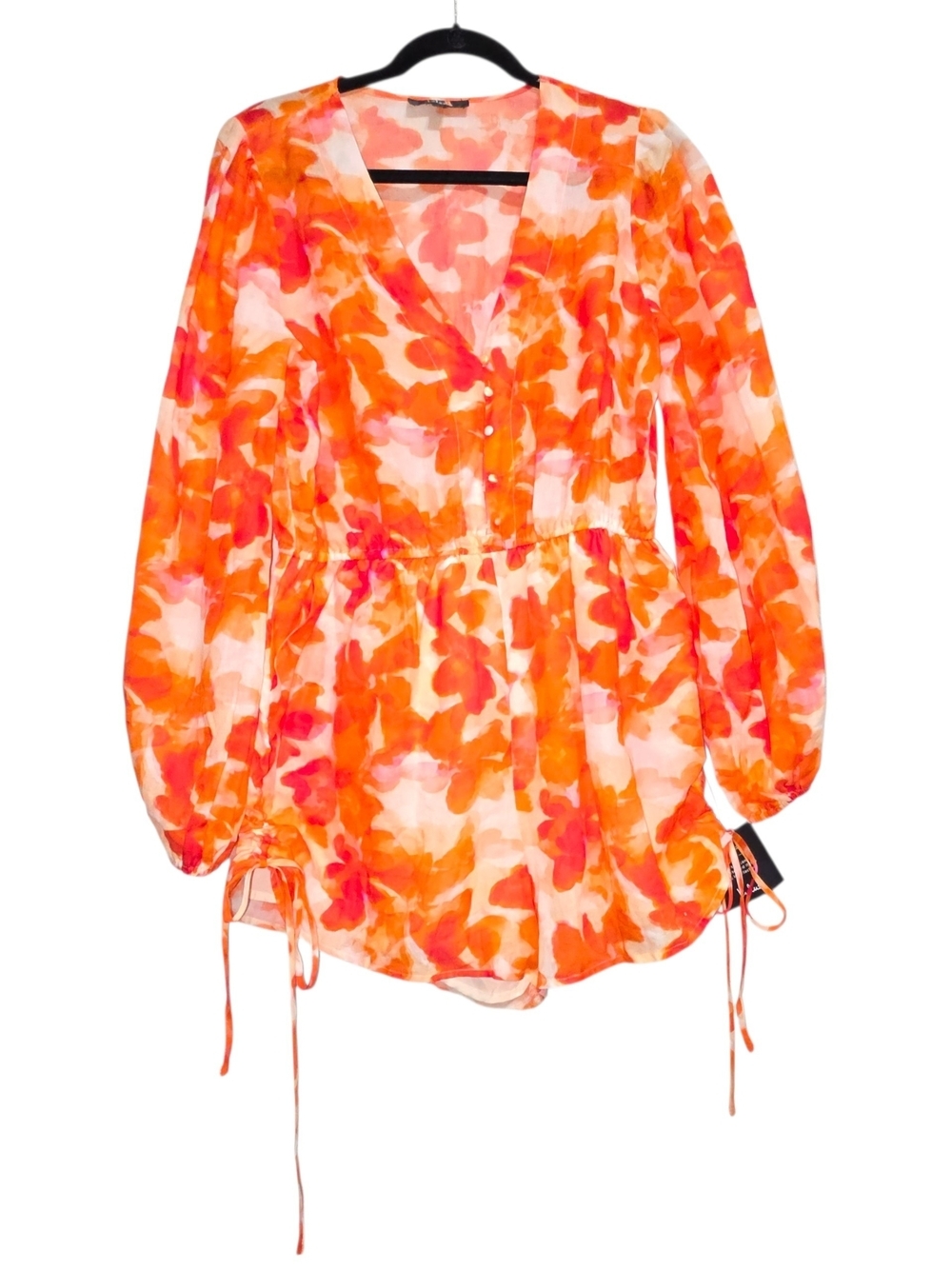 Lulus Sunny Demeanor Orange Floral Linen Blend Romper Long Sleeve Drawstring L - Picture 2 of 11